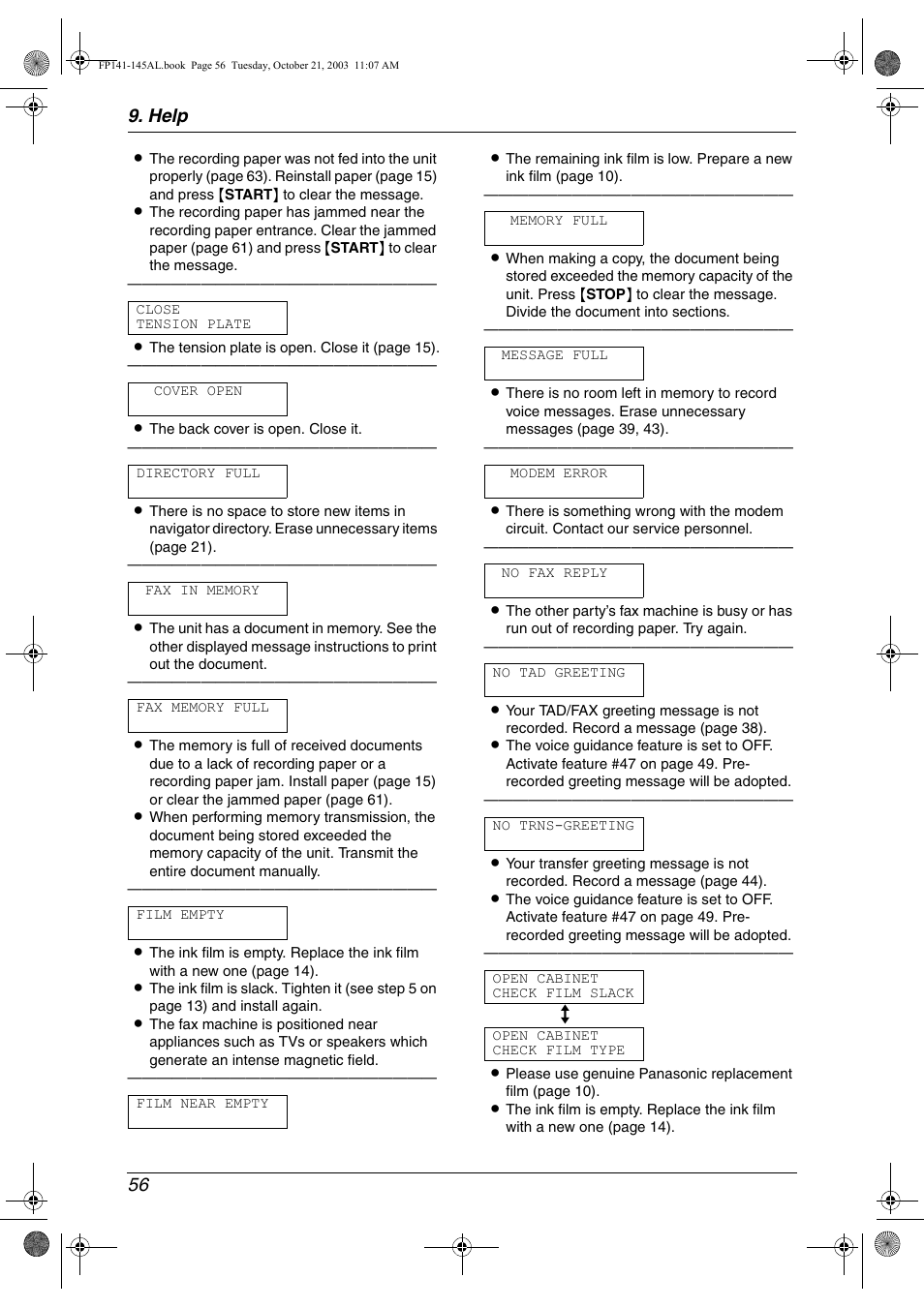 Help 56 | Panasonic KX-FP145AL User Manual | Page 58 / 74