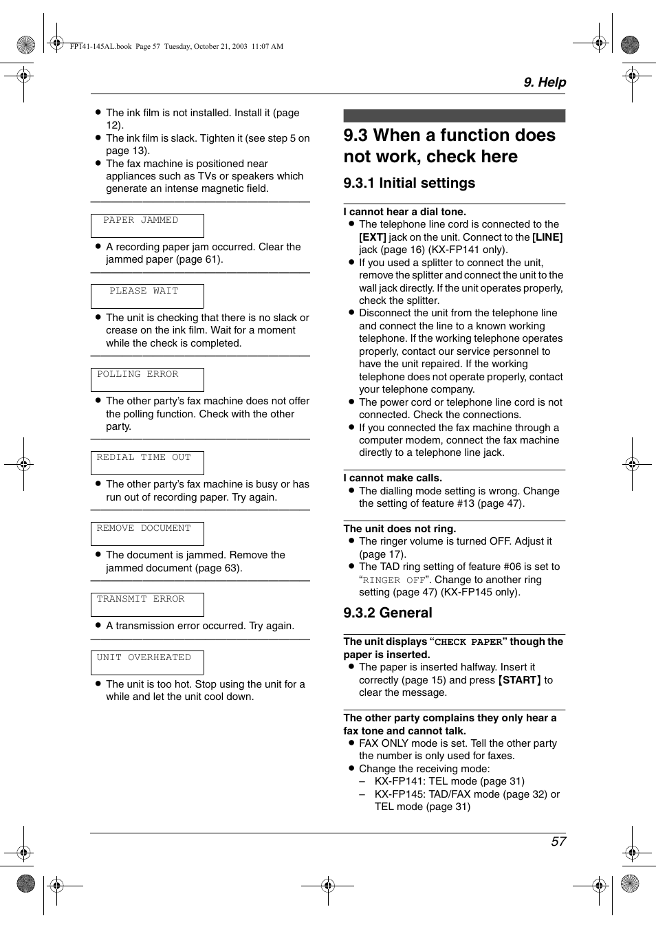 3 when a function does not work, check here, 1 initial settings, 2 general | Help 57 | Panasonic KX-FP145AL User Manual | Page 59 / 74