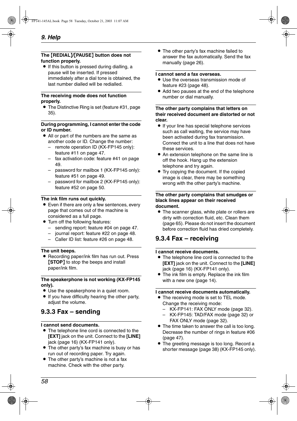 3 fax – sending, 4 fax – receiving, Help 58 | Panasonic KX-FP145AL User Manual | Page 60 / 74