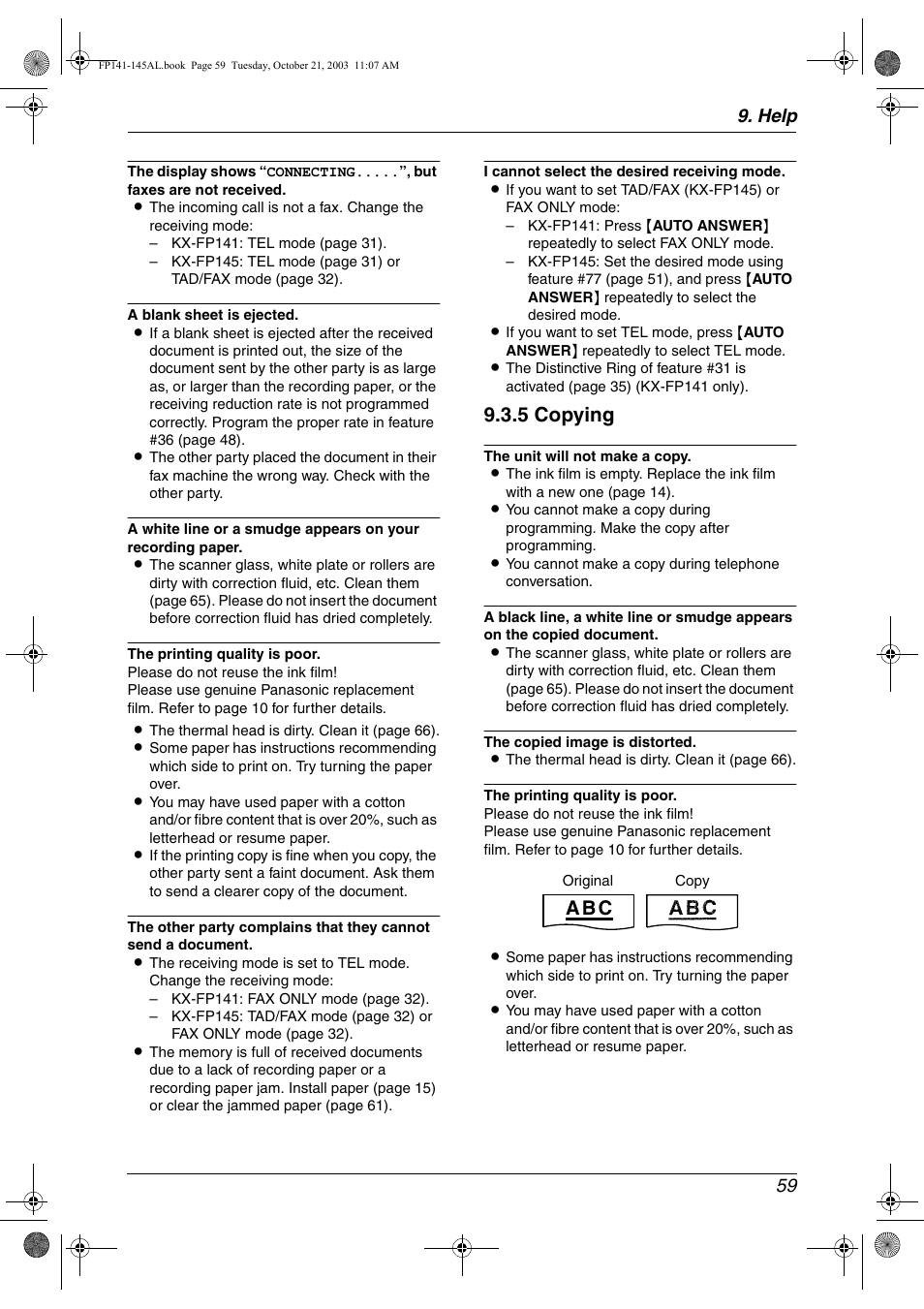 5 copying, A b c, Help 59 | Panasonic KX-FP145AL User Manual | Page 61 / 74