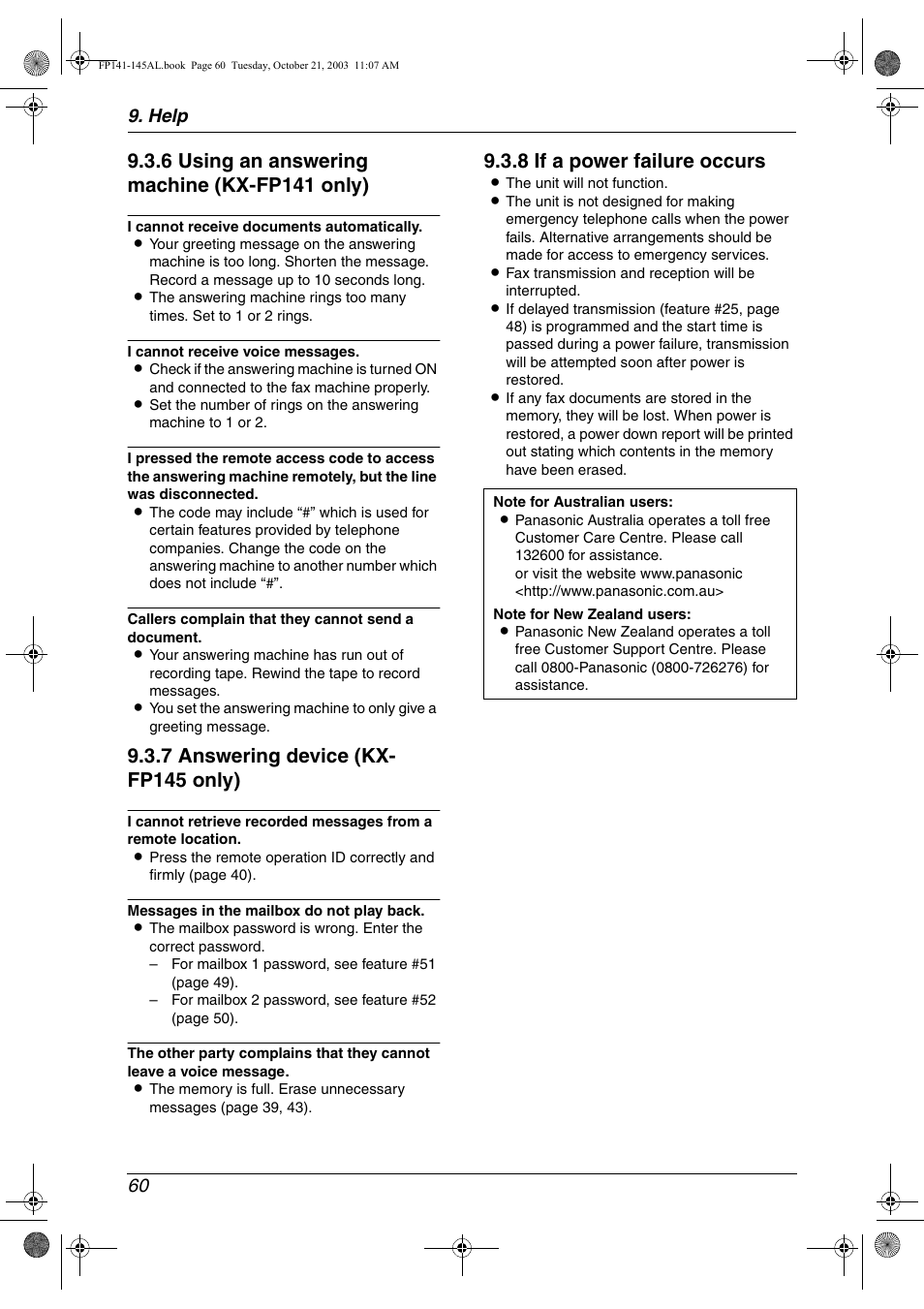 6 using an answering machine (kx-fp141 only), 7 answering device (kx- fp145 only), 8 if a power failure occurs | Help 60 | Panasonic KX-FP145AL User Manual | Page 62 / 74