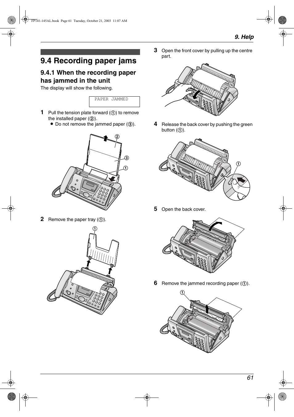 4 recording paper jams, 1 when the recording paper has jammed in the unit | Panasonic KX-FP145AL User Manual | Page 63 / 74