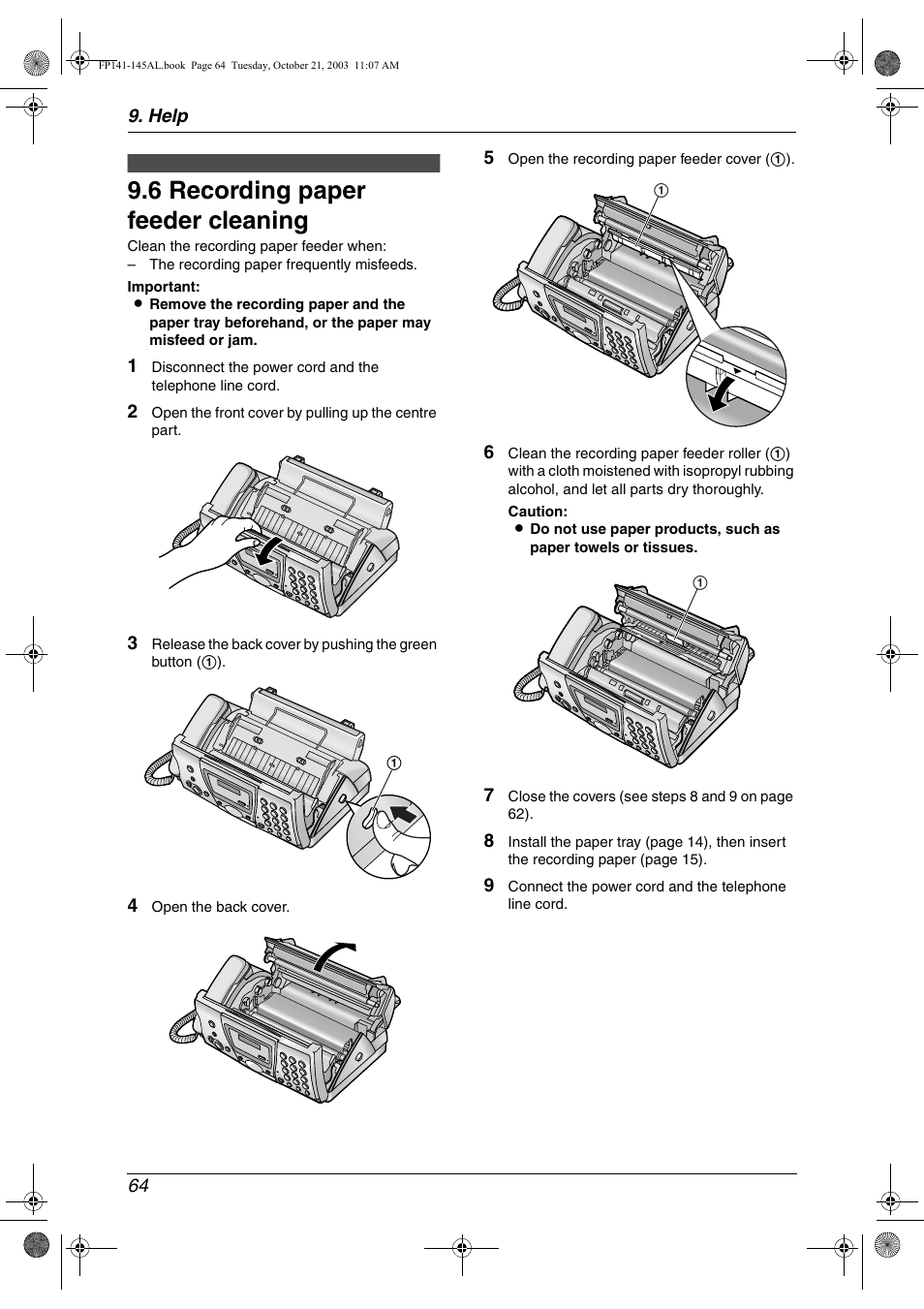 6 recording paper feeder cleaning | Panasonic KX-FP145AL User Manual | Page 66 / 74