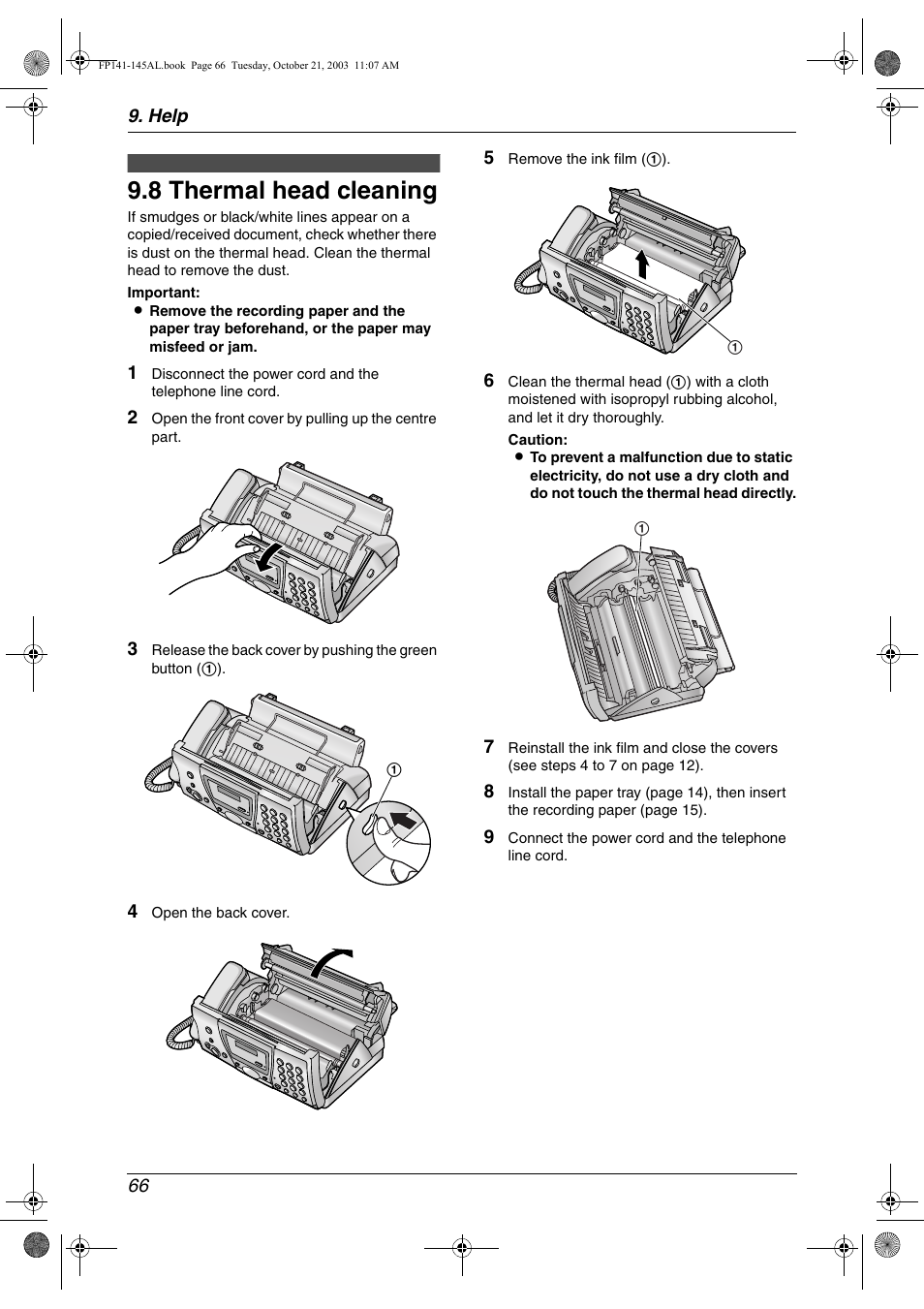 8 thermal head cleaning | Panasonic KX-FP145AL User Manual | Page 68 / 74