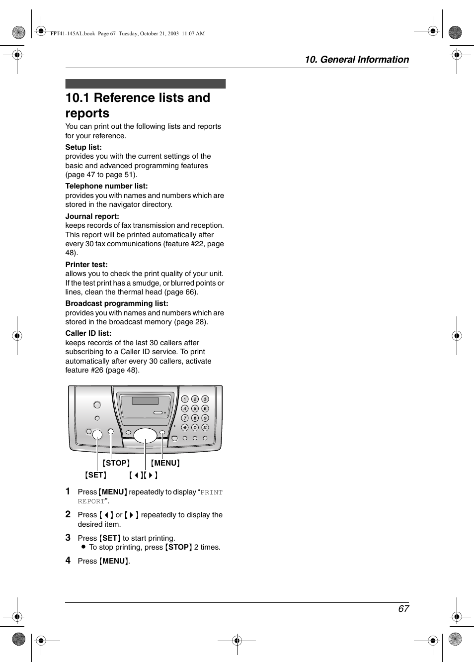 1 reference lists and reports, General information 67 | Panasonic KX-FP145AL User Manual | Page 69 / 74