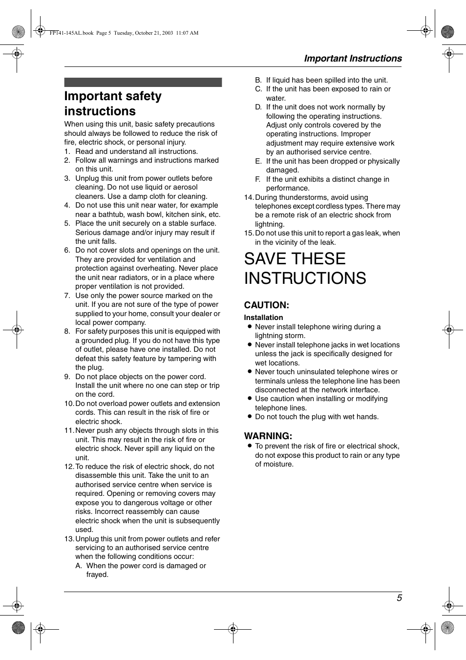 Save these instructions, Important safety instructions, Important instructions 5 | Caution, Warning | Panasonic KX-FP145AL User Manual | Page 7 / 74