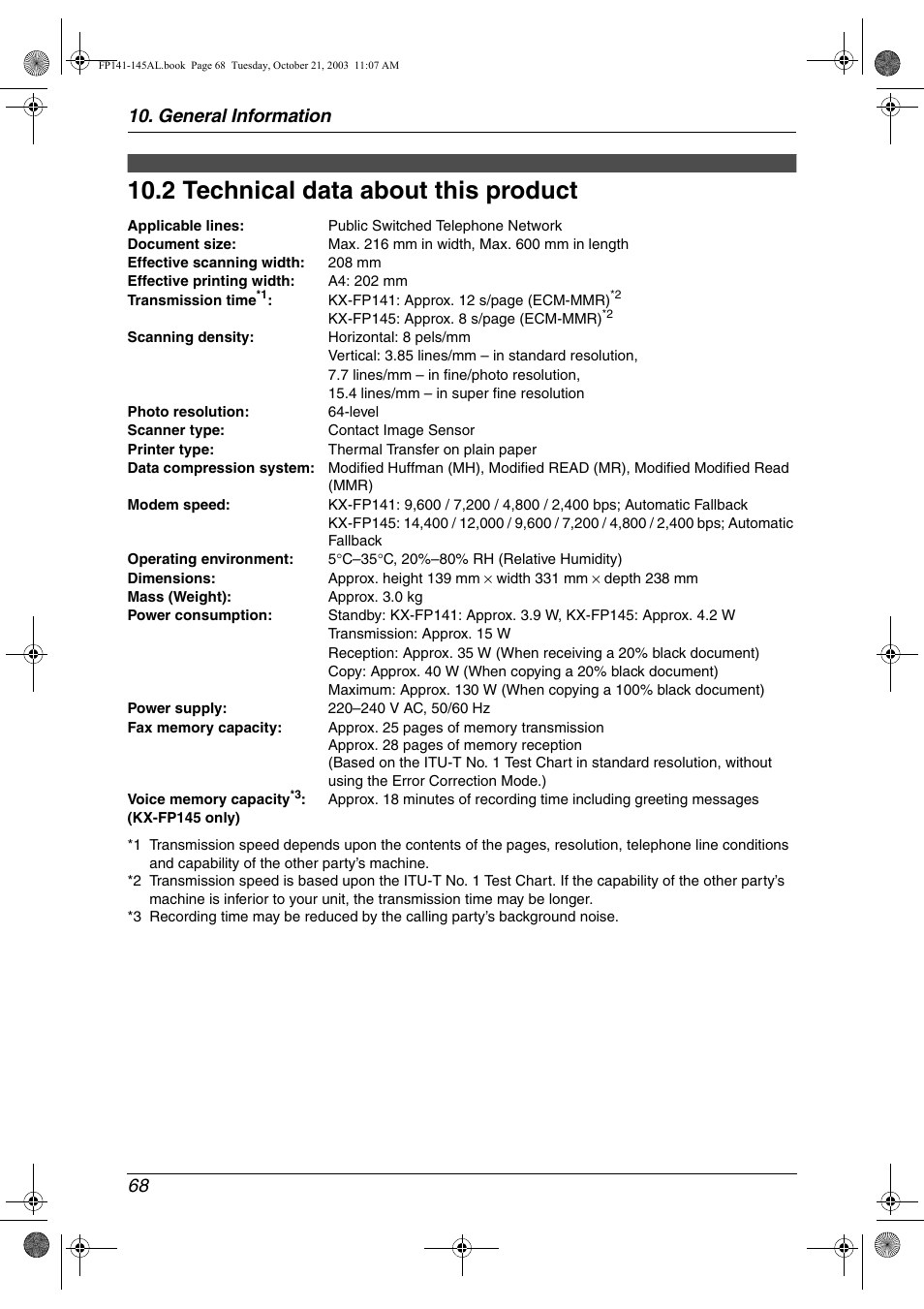 2 technical data about this product, General information 68 | Panasonic KX-FP145AL User Manual | Page 70 / 74