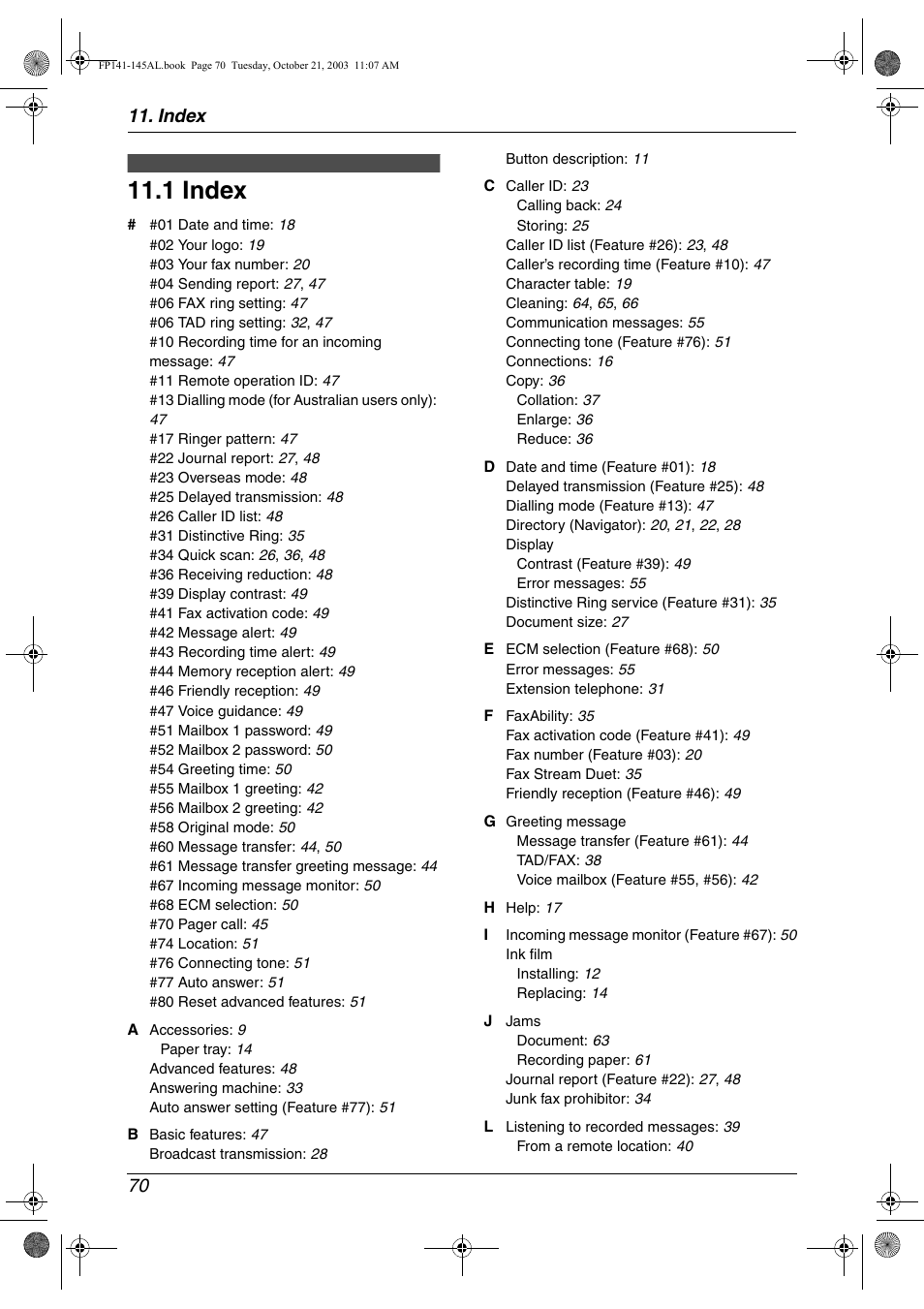 1 index, Index 70 | Panasonic KX-FP145AL User Manual | Page 72 / 74