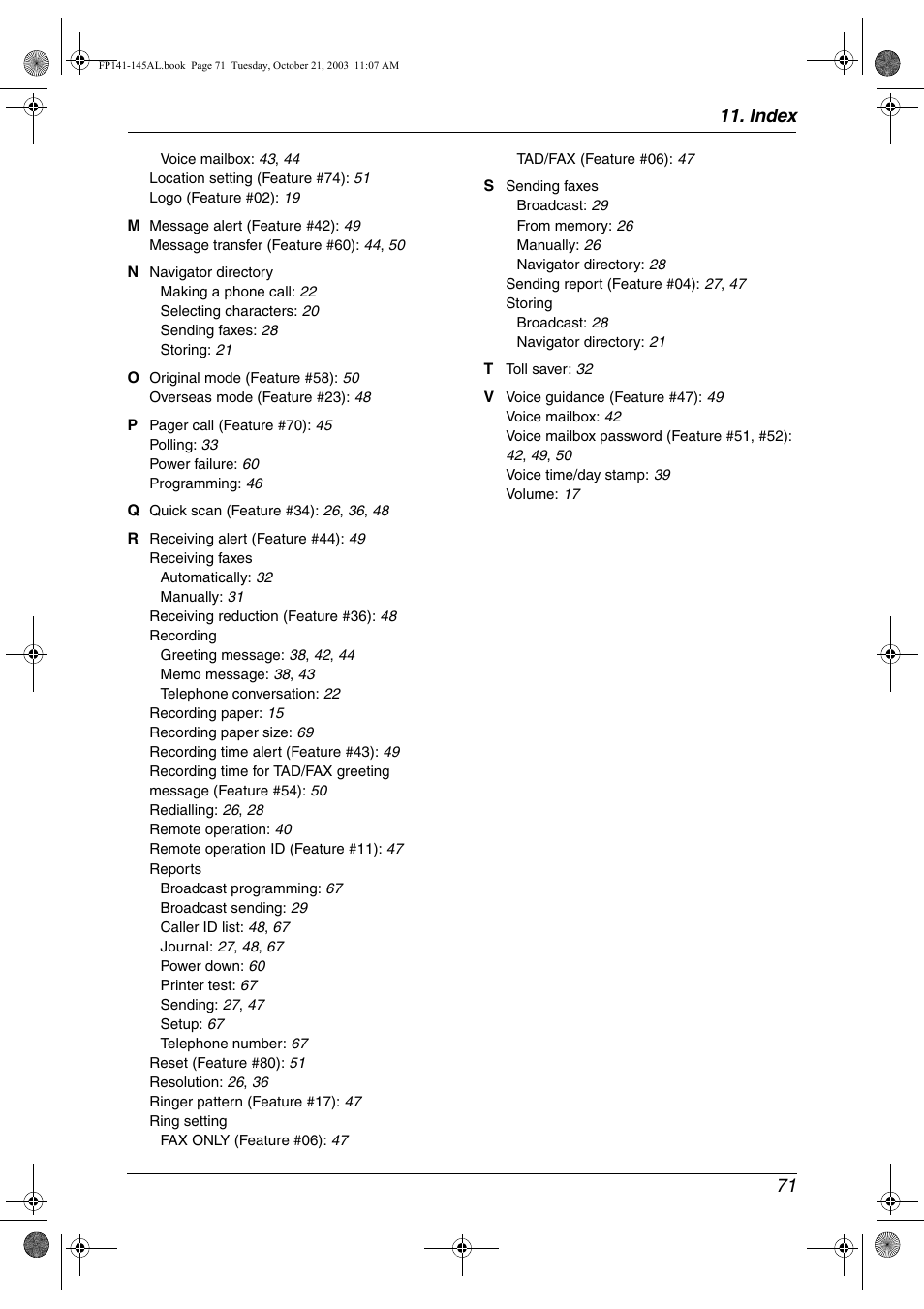 Index 71 | Panasonic KX-FP145AL User Manual | Page 73 / 74