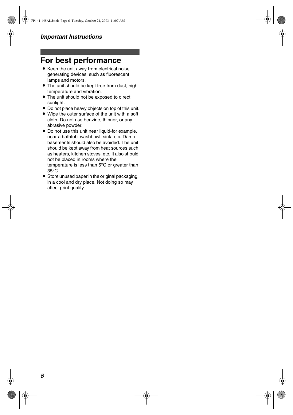 For best performance | Panasonic KX-FP145AL User Manual | Page 8 / 74