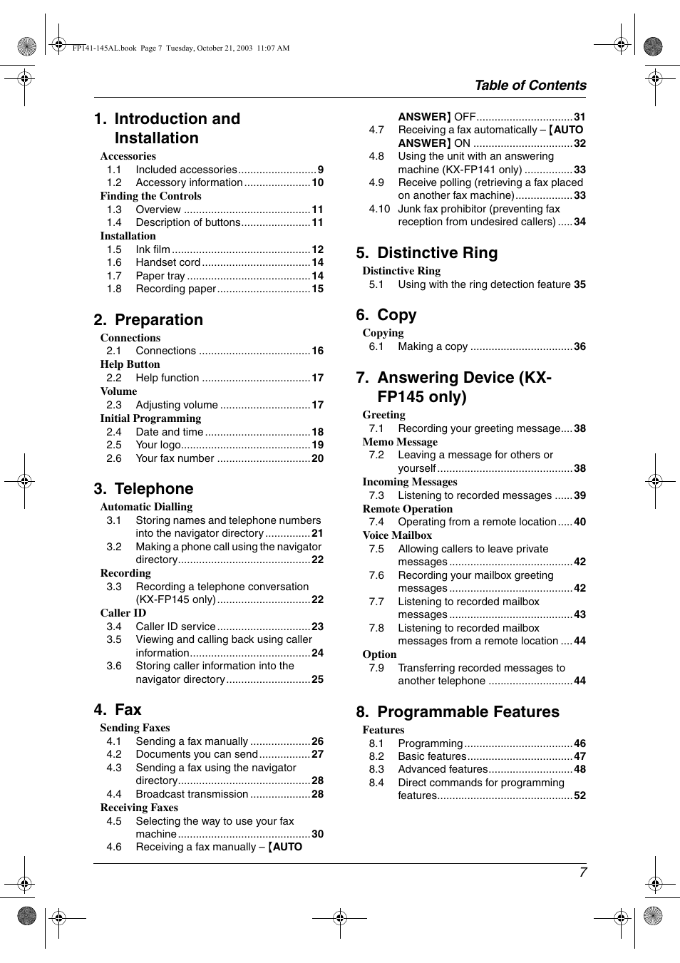 Introduction and installation, Preparation, Telephone | Distinctive ring, Copy, Answering device (kx- fp145 only), Programmable features, Table of contents 7 | Panasonic KX-FP145AL User Manual | Page 9 / 74