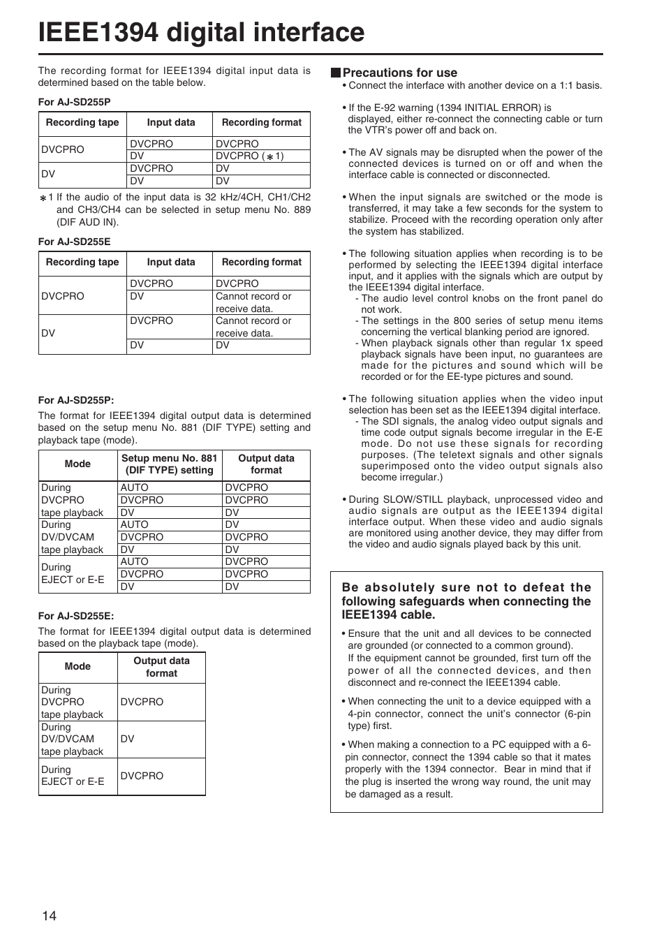 Ieee 1394 digital interface, Ieee1394 digital interface | Panasonic AJ-SD255 User Manual | Page 14 / 46
