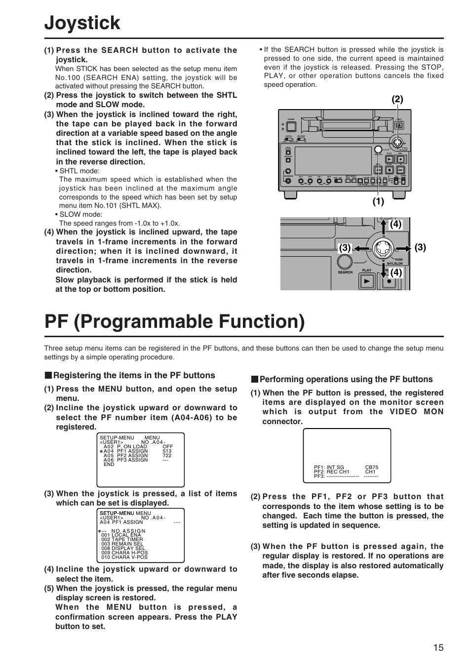 Joystick, Pf (programmable function), Registering the items in the pf buttons | Performing operations using the pf buttons | Panasonic AJ-SD255 User Manual | Page 15 / 46