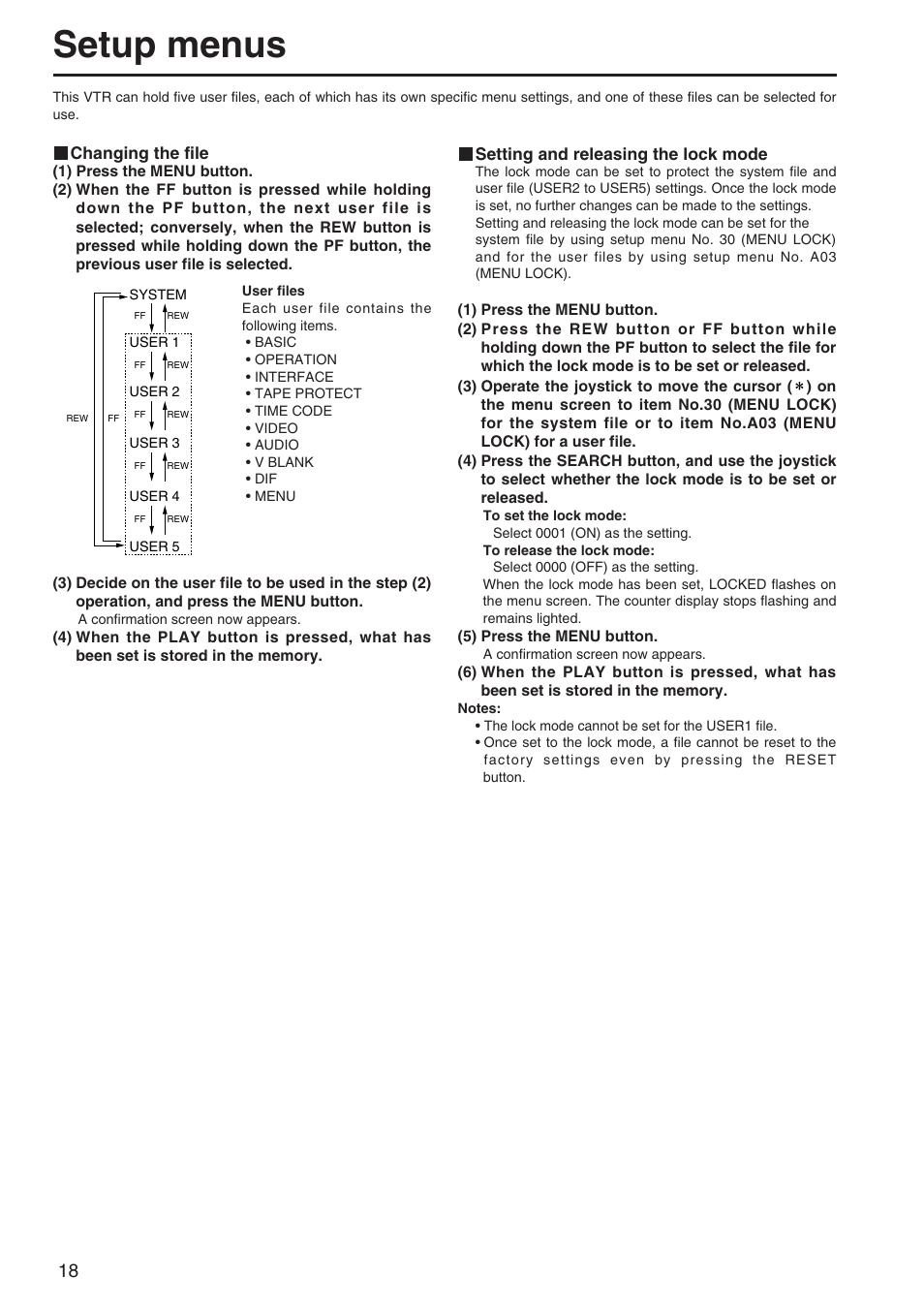 Setup menus | Panasonic AJ-SD255 User Manual | Page 18 / 46