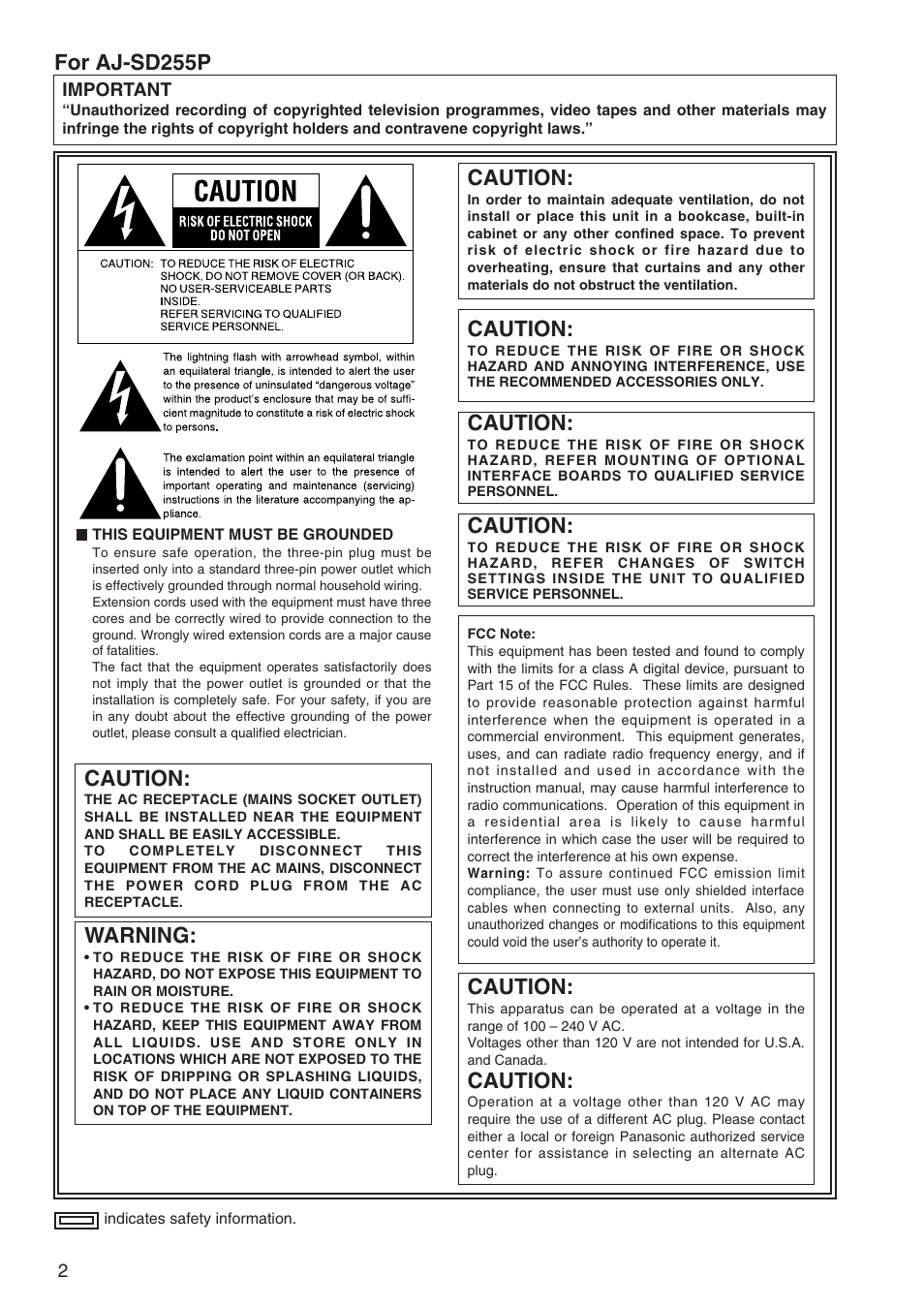 For aj-sd255p, Warning, Caution | Panasonic AJ-SD255 User Manual | Page 2 / 46