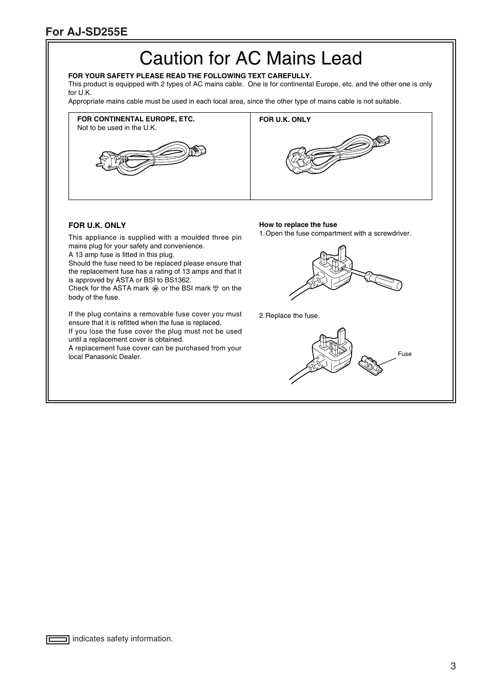 Caution for ac mains lead, For aj-sd255e | Panasonic AJ-SD255 User Manual | Page 3 / 46