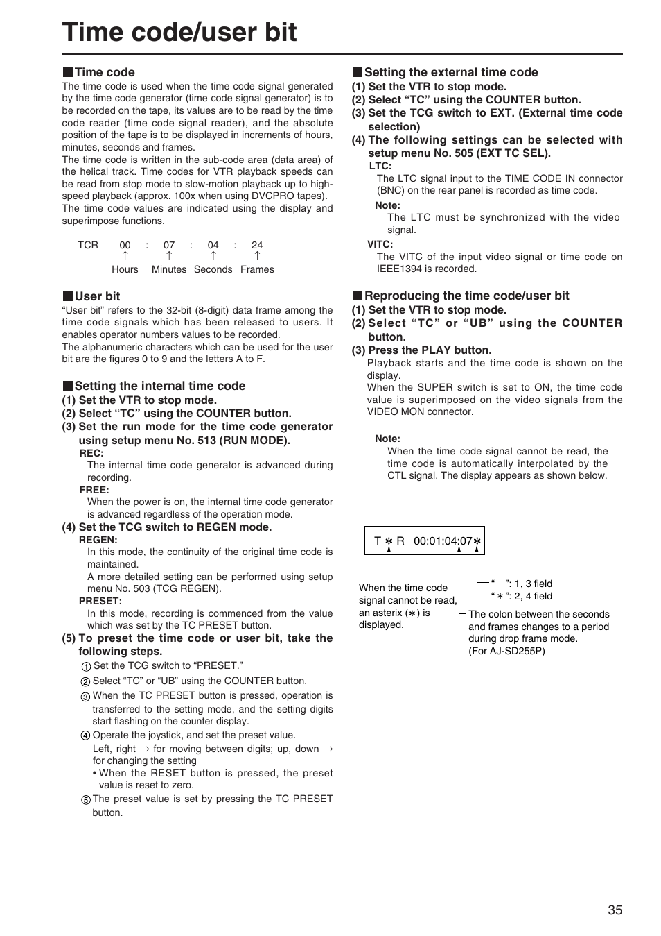 Time code/user bit | Panasonic AJ-SD255 User Manual | Page 35 / 46