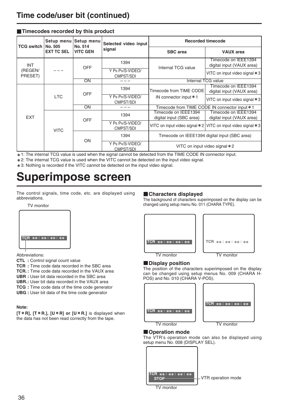 Superimpose screen, Time code/user bit (continued) | Panasonic AJ-SD255 User Manual | Page 36 / 46