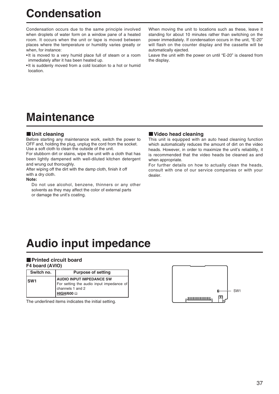 Condensation, Maintenance, Audio input impedance | Audio input impedance condensation | Panasonic AJ-SD255 User Manual | Page 37 / 46