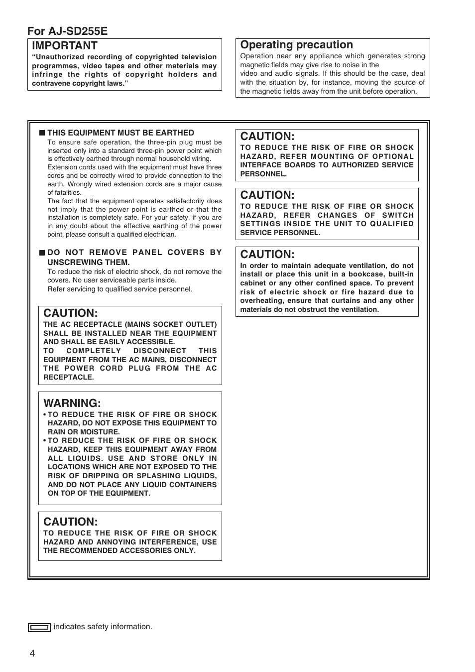 For aj-sd255e, Important, Operating precaution | Warning, Caution | Panasonic AJ-SD255 User Manual | Page 4 / 46