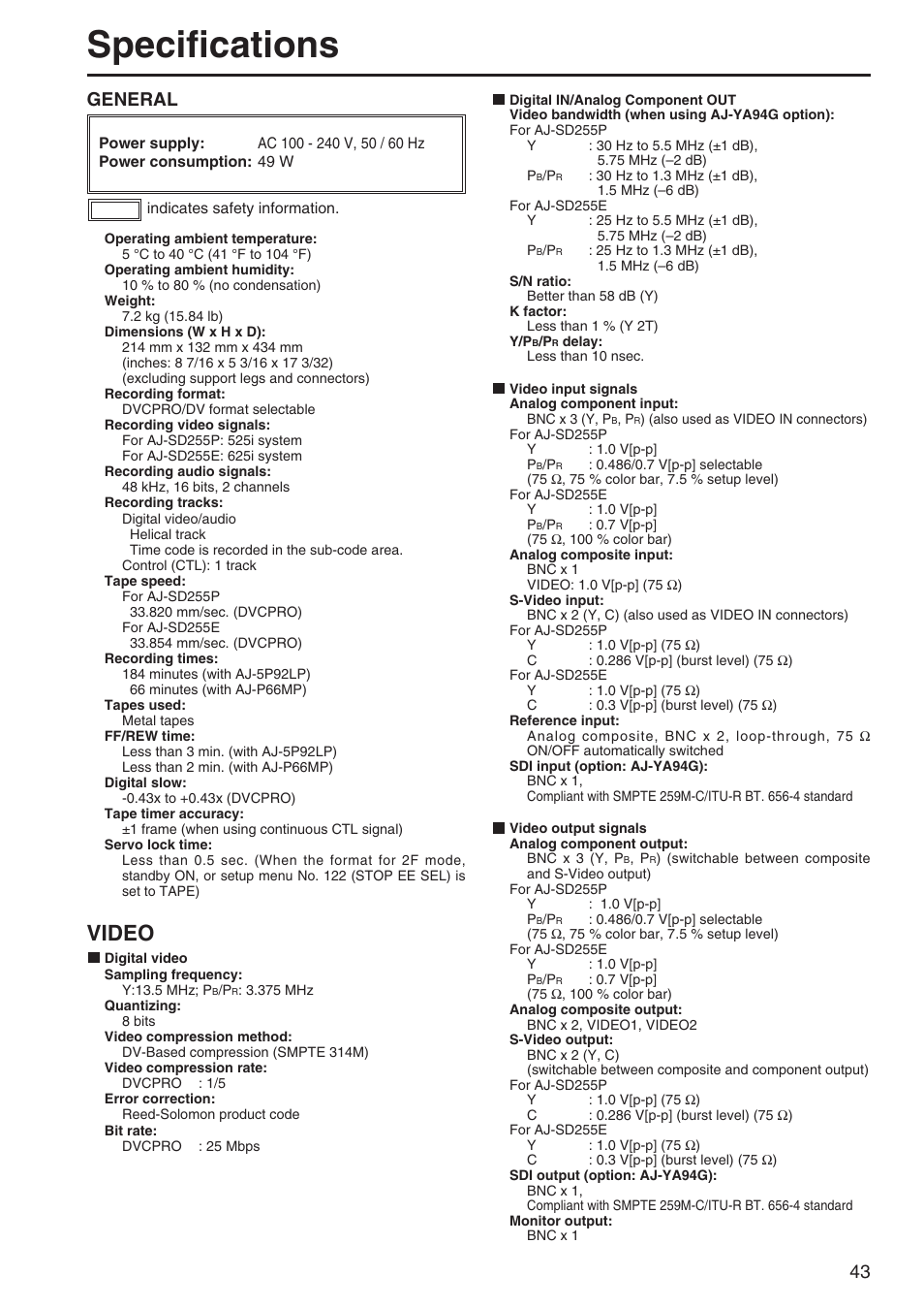 Specifications, Video, General | Panasonic AJ-SD255 User Manual | Page 43 / 46