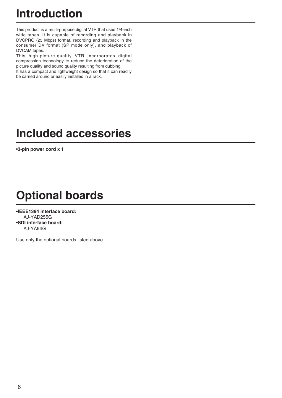 Introduction, Included accessories, Optional boards | Panasonic AJ-SD255 User Manual | Page 6 / 46