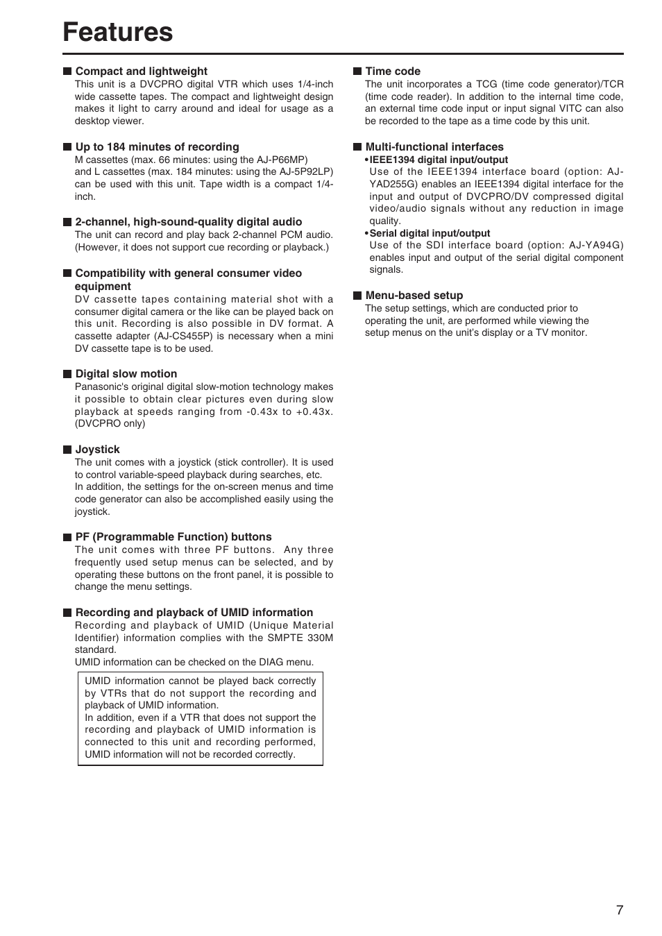 Features | Panasonic AJ-SD255 User Manual | Page 7 / 46
