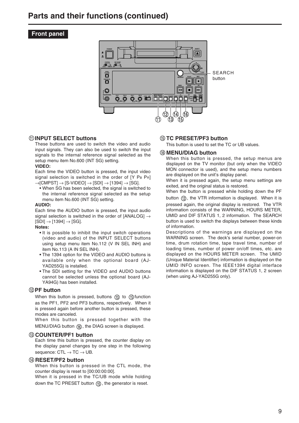 Parts and their functions (continued), Front panel, Input select buttons | Pf button, Counter/pf1 button, Reset/pf2 button, Tc preset/pf3 button, Menu/diag button, This button is used to set the tc or ub values | Panasonic AJ-SD255 User Manual | Page 9 / 46