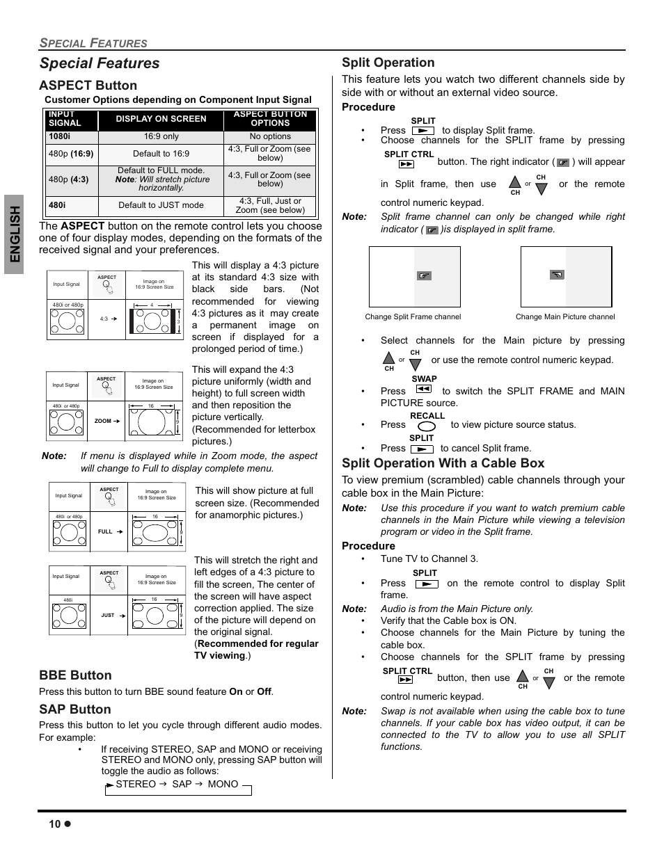 Special features, Aspect button, Bbe button | Sap button, Split operation, Split operation with a cable box, Engli s h | Panasonic CT-30WC14 User Manual | Page 12 / 96