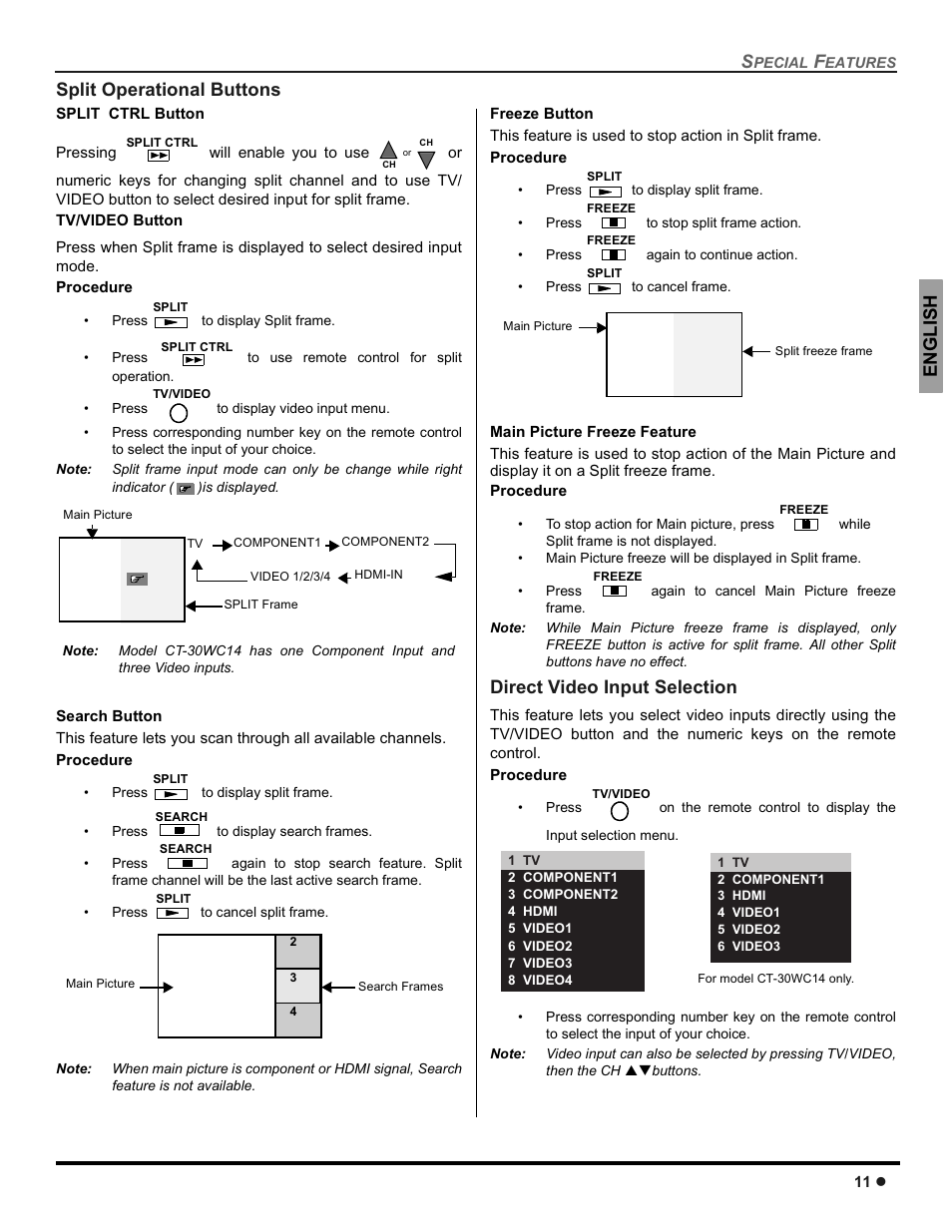 Split operational buttons, Direct video input selection, Engli s h split operational buttons | Panasonic CT-30WC14 User Manual | Page 13 / 96