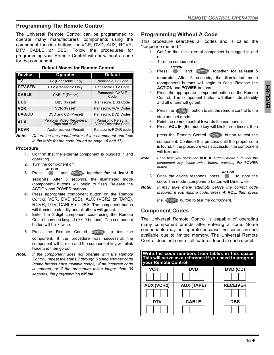 Programming the remote control, Programming without a code, Component codes | Engli s h programming the remote control | Panasonic CT-30WC14 User Manual | Page 17 / 96