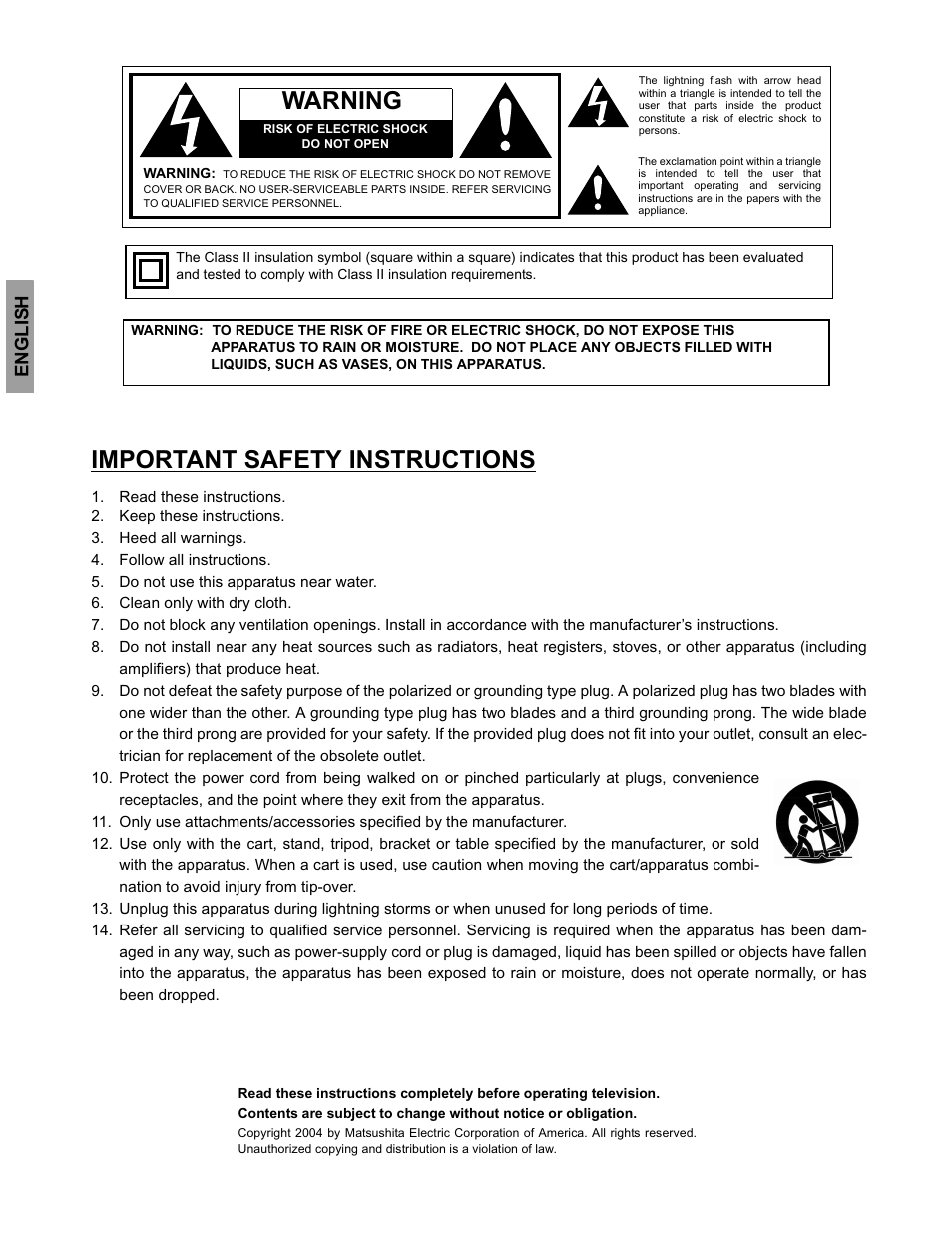 Warning, Important safety instructions | Panasonic CT-30WC14 User Manual | Page 2 / 96
