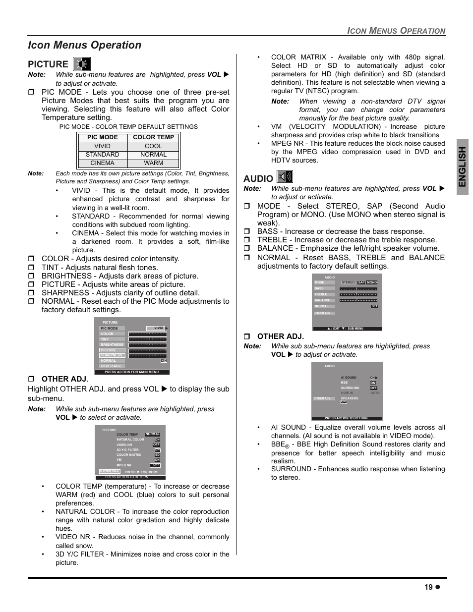 Icon menus operation, Picture, Audio | Engli s h, 19 z, Enus, Peration | Panasonic CT-30WC14 User Manual | Page 21 / 96