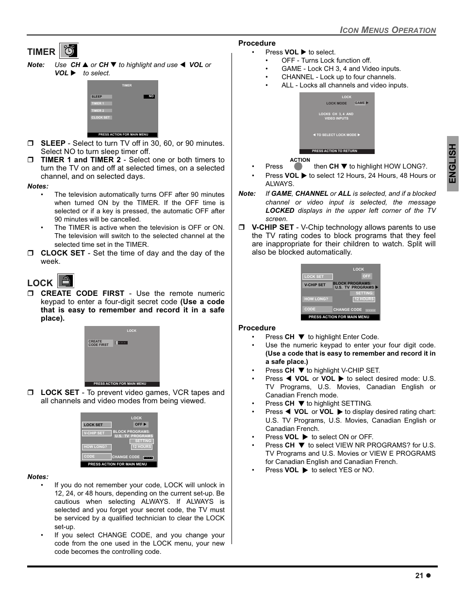 Timer, Lock, Engli s h timer | Panasonic CT-30WC14 User Manual | Page 23 / 96