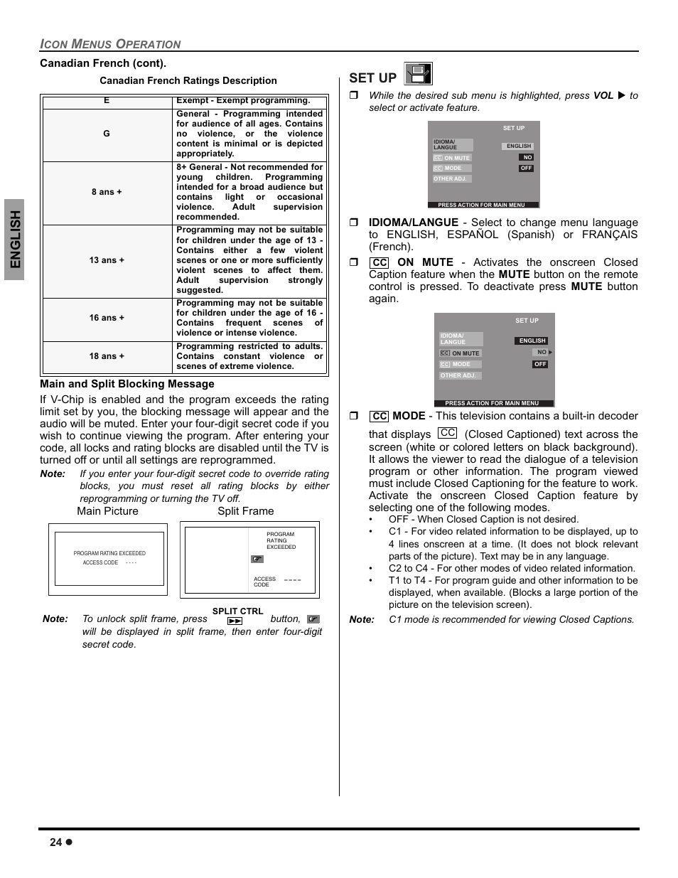 Set up, Engli s h | Panasonic CT-30WC14 User Manual | Page 26 / 96