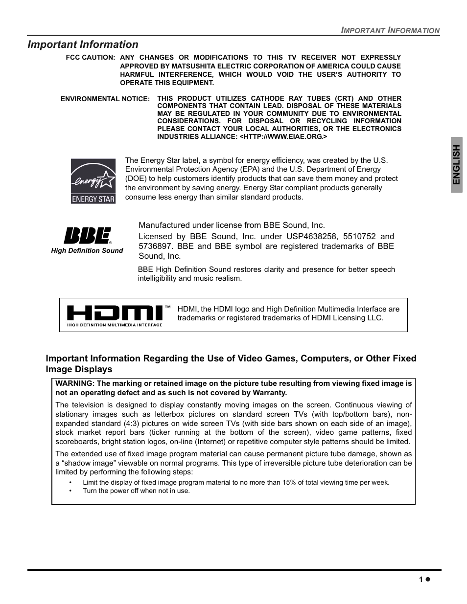 Important information | Panasonic CT-30WC14 User Manual | Page 3 / 96