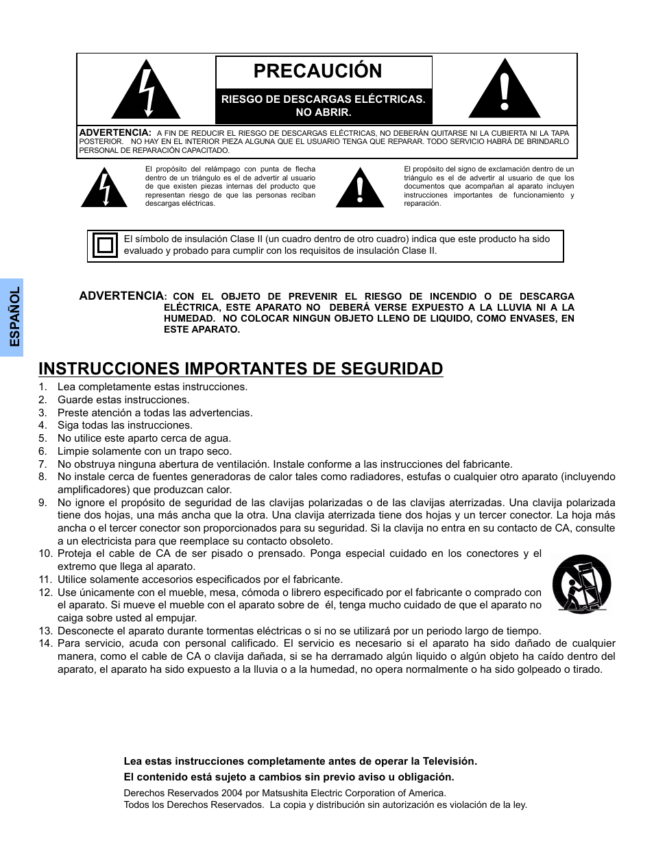 Precaución, Instrucciones importantes de seguridad | Panasonic CT-30WC14 User Manual | Page 32 / 96