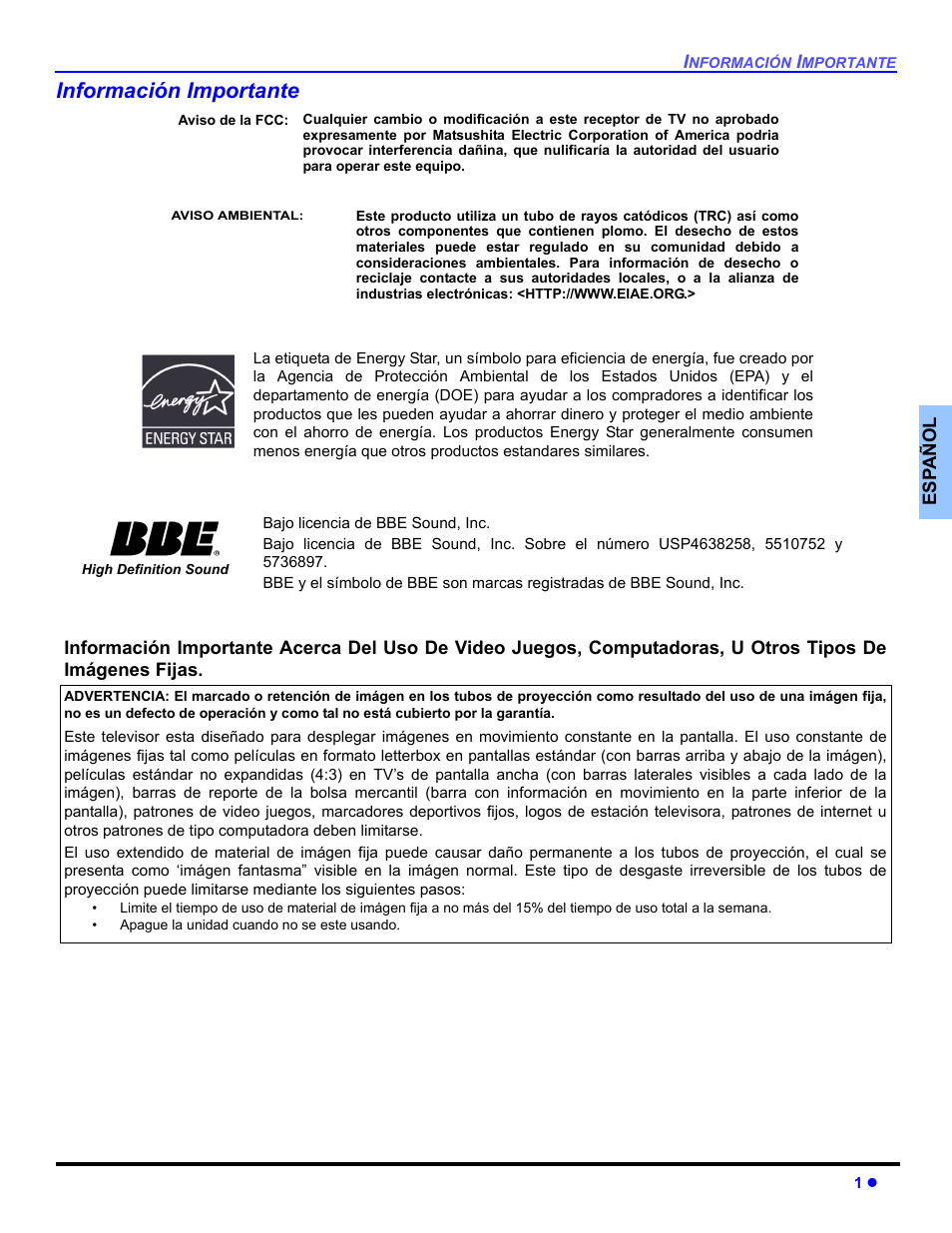 Informacion importante, Información importante | Panasonic CT-30WC14 User Manual | Page 33 / 96