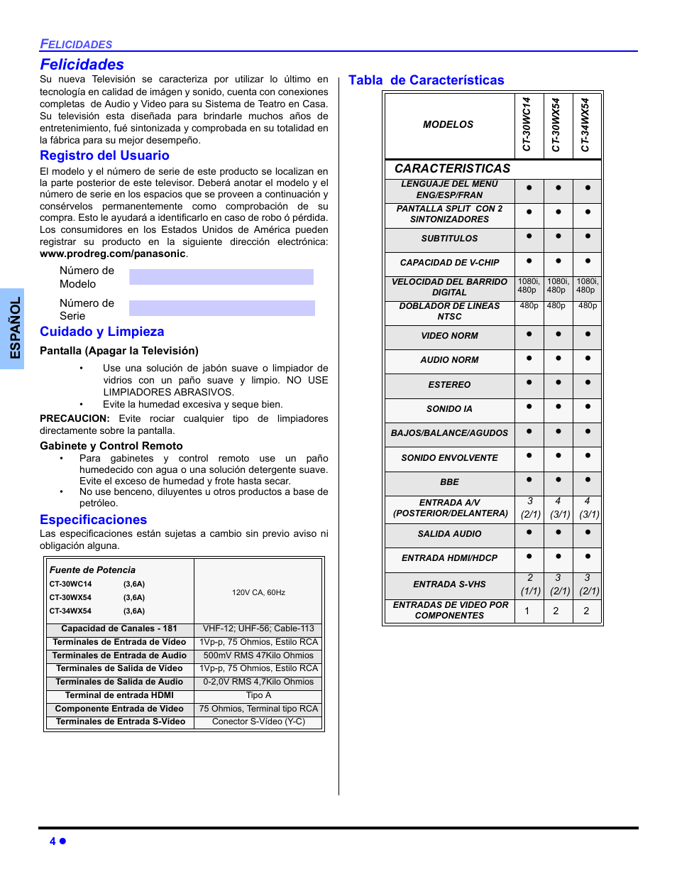 Felicidades, Registro del usuario, Cuidado y limpieza | Especificaciones, Tabla de caracteristicas | Panasonic CT-30WC14 User Manual | Page 36 / 96
