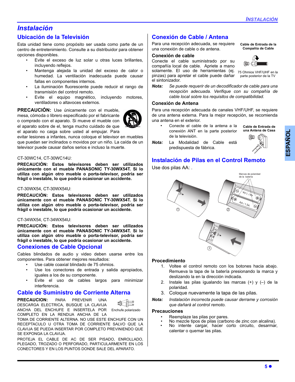 Instalacion, Ubicacion de la television, Conexiones de cable opcional | Cable de suministro de corriente alterna, Conexion de cable / antena, Instalacion de pilas en el control remoto, Instalación, Es p añol, Ubicación de la televisión, Conexión de cable / antena | Panasonic CT-30WC14 User Manual | Page 37 / 96