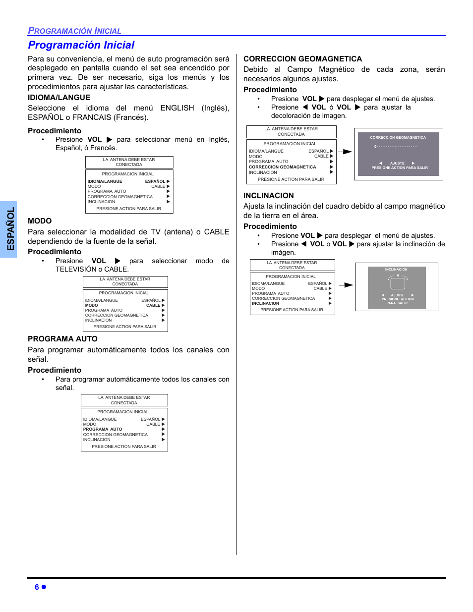 Menu de programacion inicial, Programación inicial, Es p añol | Panasonic CT-30WC14 User Manual | Page 38 / 96