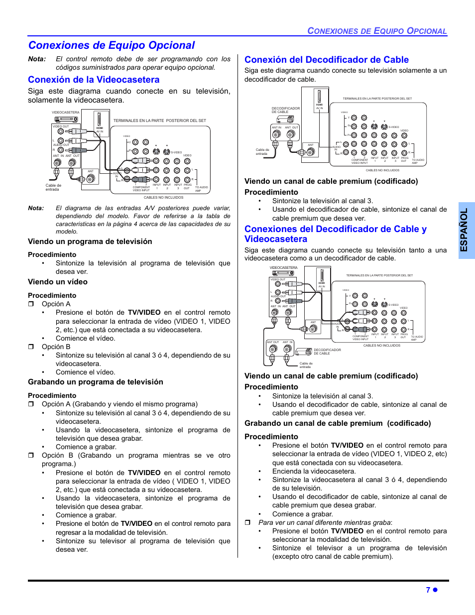 Conexiones de equipo opcional, Conexion de la videocasetera, Conexion del decodificador de cable | Es p añol, Conexión de la videocasetera, Conexión del decodificador de cable, Viendo un programa de televisión, Viendo un vídeo, Grabando un programa de televisión, Onexiones | Panasonic CT-30WC14 User Manual | Page 39 / 96