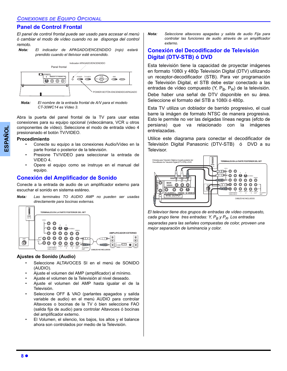 Panel de control frontal, Conexion del amplificador de sonido, Conexion del decodificador de television digital | Es p añol panel de control frontal, Conexión del amplificador de sonido, Procedimiento, Ajustes de sonido (audio), Onexiones, Quipo, Pcional | Panasonic CT-30WC14 User Manual | Page 40 / 96