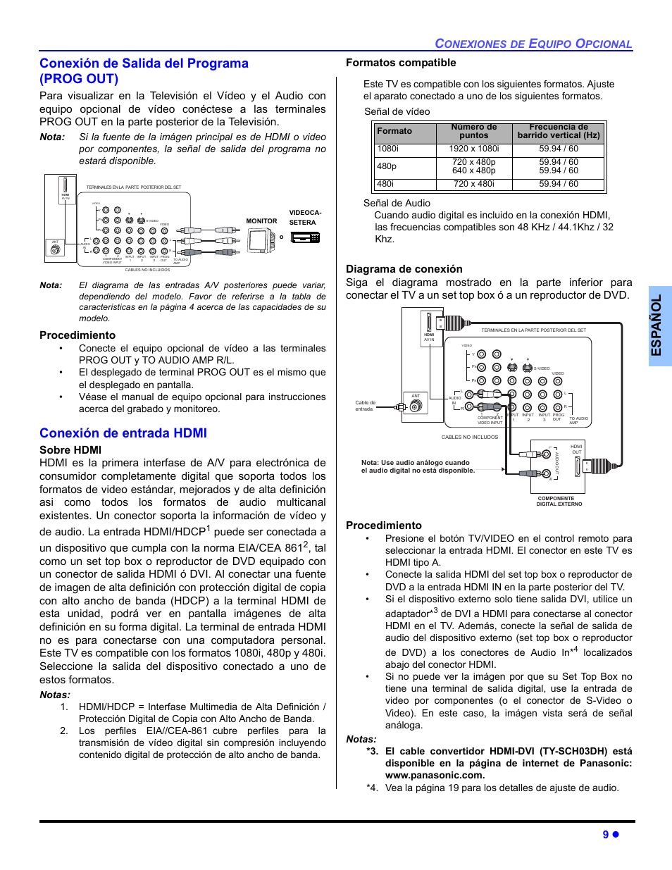 Conexion de salida del (prog out), Conexion de entrada hdmi, Botones especials del control remoto | Conexión de entrada hdmi, Procedimiento, Onexiones, Quipo, Pcional | Panasonic CT-30WC14 User Manual | Page 41 / 96