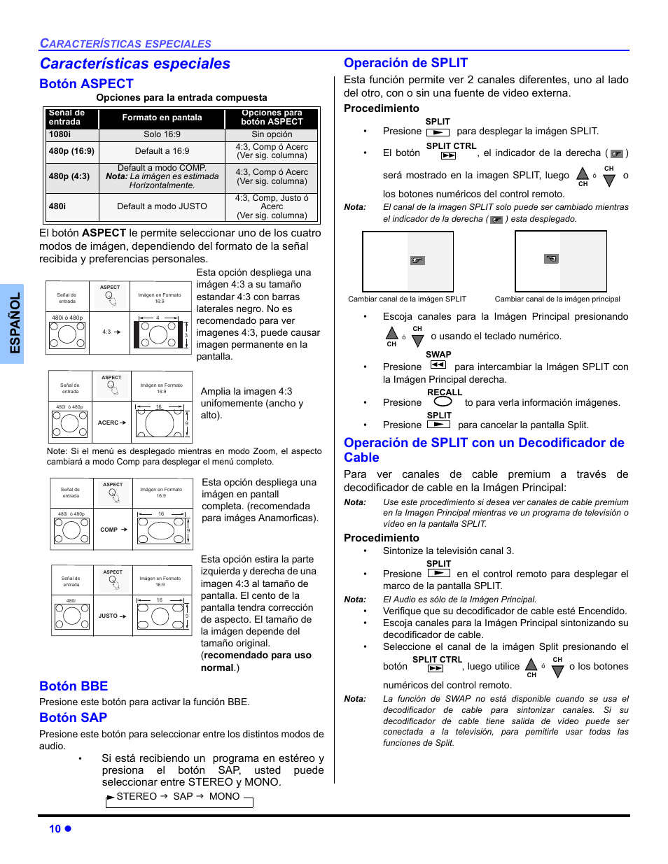 Caracteristicas especiales, Boton aspect, Boton bbe | Boton sap, Operacion de split, Operacion de split con un decodificador de cable, Características especiales, Es p añol, Botón aspect, Botón bbe | Panasonic CT-30WC14 User Manual | Page 42 / 96