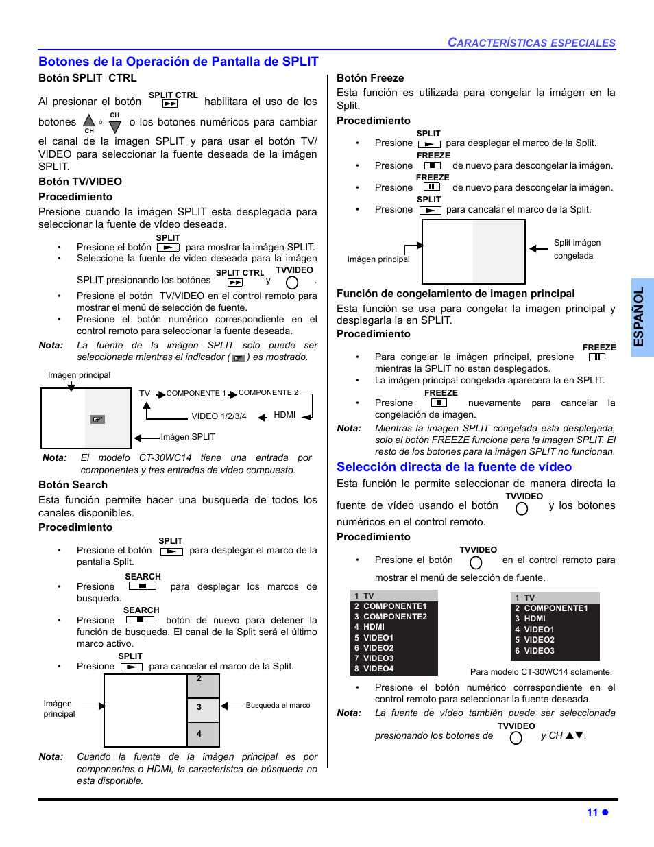 Botones de la operation de pantalla de split, Seleccion directa de la fuente de video, Selección directa de la fuente de vídeo | Panasonic CT-30WC14 User Manual | Page 43 / 96