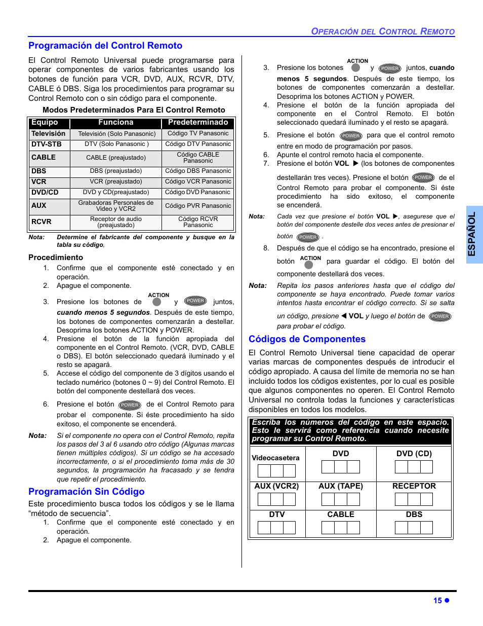 Programando el control remoto, Programando sin codigo, Codigos de componentes | Es p añol programación del control remoto, Programación sin código, Códigos de componentes | Panasonic CT-30WC14 User Manual | Page 47 / 96