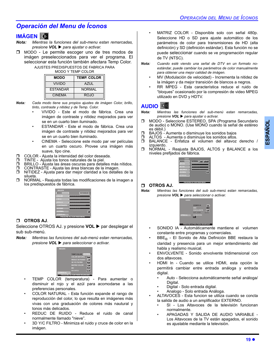 Operacion del menu de iconos, Imagen, Audio | Operación del menu de íconos, Es p añol, Imágen, 19 z, Seleccionar, Otros aj | Panasonic CT-30WC14 User Manual | Page 51 / 96