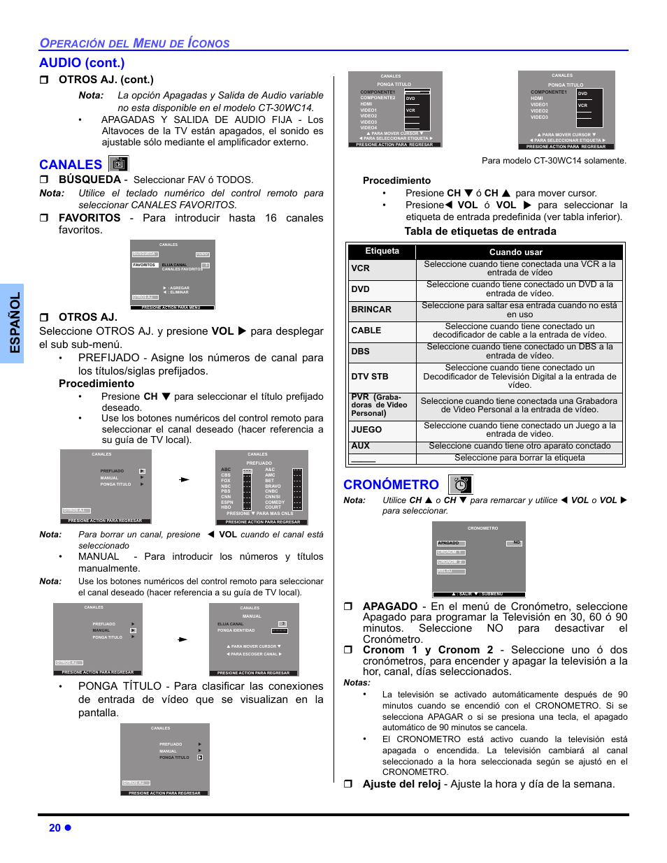 Canales, Cronometro, Es p añol audio (cont.) | Cronómetro, 20 z, Otros aj. (cont.), Búsqueda, Prefijado, Ponga título, Tabla de etiquetas de entrada | Panasonic CT-30WC14 User Manual | Page 52 / 96