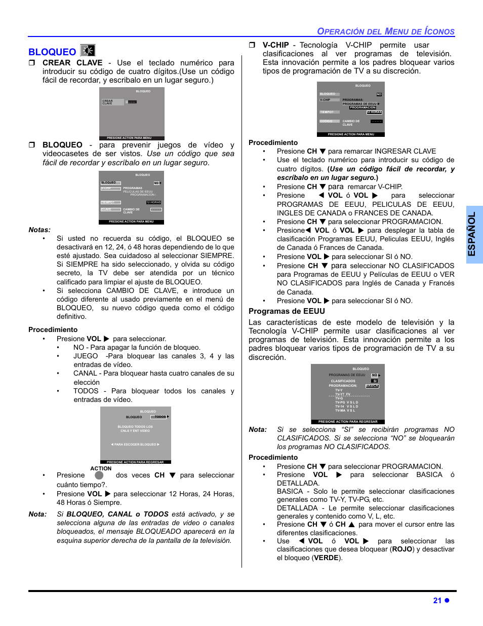 Bloqueo, Es p añol bloqueo | Panasonic CT-30WC14 User Manual | Page 53 / 96